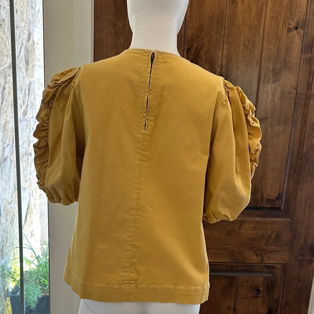 Ulla Johnson Mustard Puff-Sleeve Crewneck Top Size 6